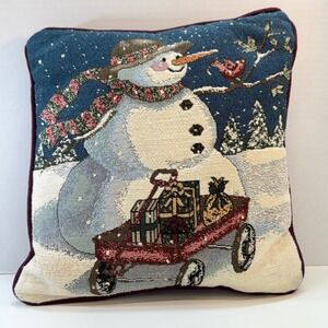 Fashion Throw Pillow 12x12 Blue Snowman‎ Red Wagon Christmas Tapestry
